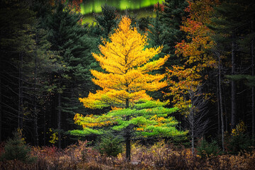 Obraz premium Vibrant auroras dance above autumn foliage