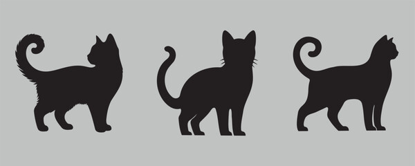 Three black cat silhouettes in different poses with curled tails, set against a plain gray background