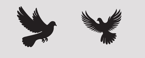 Silhouettes of three doves in flight, with gracefully spread wings, set against a plain gray background