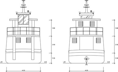 vector sketch, silhouette illustration, technical drawing design of a tugboat for sailing on a river with a size scale.eps