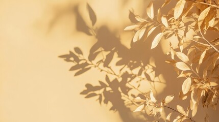 Dried leaves create intricate shadows on a warm yellow wall, illuminated by soft afternoon sunlight, evoking a peaceful and serene atmosphere in nature