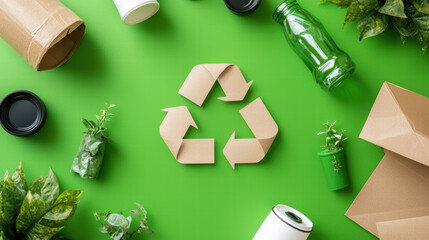 Recycling symbol surrounded by eco friendly items on green background