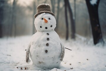 Obraz premium Traditional Snowman with Knitted Hat and Carrot Nose Standing in a Snowy Winter Forest Landscape