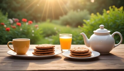Fototapeta premium Rustic table with teapot and plate of cookies. Garden sunrise bokeh background