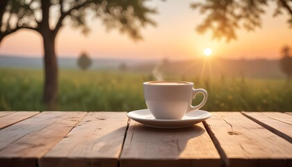 Rustic table surface with mug of coffee. Natural sunrise bokeh effect in the background