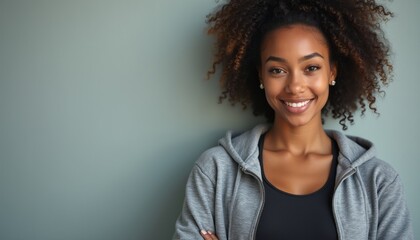 A cheerful young Black woman with curly hair stands confidently, wearing a gray hoodie and a black top. Her warm smile radiates positivity and self-assurance, creating an inviting atmosphere.