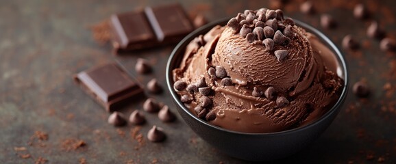 Chocolate ice cream scoop in a bowl with chocolate chips and chocolate pieces.