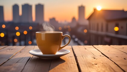 Fototapeta premium Rustic table surface with coffee mug. Urban sunrise bokeh background