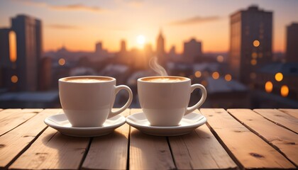 Fototapeta premium Rustic table surface with coffee mug. Urban sunrise bokeh background