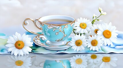 Teacup  Daisies  Floral Still Life  Tea Time  Elegant Tea  Blue Teacup  Watercolor Style