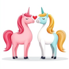 Fototapeta premium Two adorable unicorns in love, showcasing friendship and joy in a whimsical, colorful illustration.