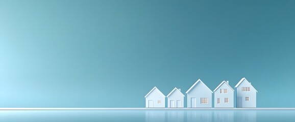Three white miniature house models on blue background, symbolizing real estate and housing options