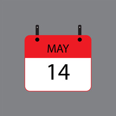 Calendar icon with date 14 of may on grey background. Vector schedule symbol.