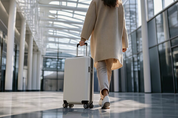 A traveler pulling a contemporary suitcase with silent spinner wheels through a minimalist airport terminal, the scene bathed in soft natural light.