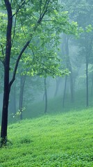 Fototapeta premium Serene Foggy Forest Tranquil Green Landscape Misty Woods Nature Scene