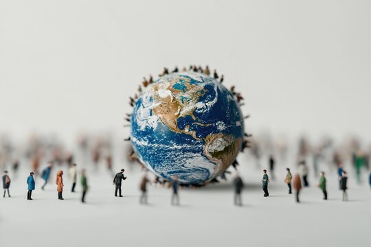 Miniature people surround large globe. Global unity, diversity concept. People stand near earth model. Idea of global connectivity. Many small figures symbolize world population. Global - Powered by Adobe