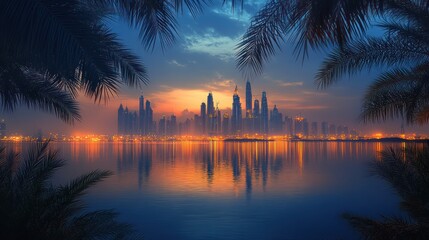 City skyline at sunset reflected in water, viewed through palm fronds.