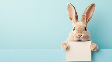 Obraz premium Cute Fluffy Bunny Holding Blank Paper with Tiny Paws on Pastel Blue Backdrop