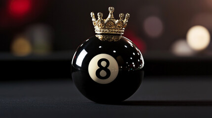 one single billiard black eight ball with golden king crown on blurred pool table background