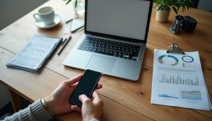 A person holds a smartphone while seated at a wooden desk, surrounded by a laptop, coffee cup, and documents. This image captures the essence of productivity and modern work life, showcasing a blend