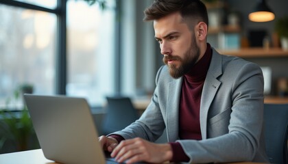 A stylish man in a gray suit and maroon turtleneck is intently typing on his laptop in a modern office setting. The image captures the essence of professionalism and concentration, highlighting the