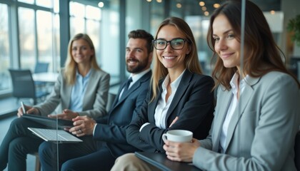 Obraz premium A diverse group of four professionals, two men and two women, are seated in a sleek, modern office, exuding confidence and collaboration. Their engaging smiles and stylish attire reflect a positive