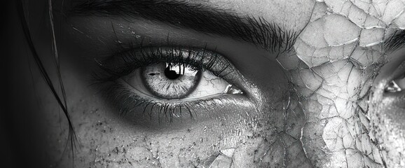 Obraz premium Close-up monochrome image of a woman's eye with cracked skin texture.