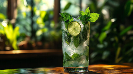 A refreshing mojito with fresh mint leaves and lime slices as garnish, served in a tall glass with ice, against a backdrop of a tropical setting