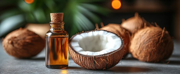 Close-up of a bottle of coconut oil with coconuts.