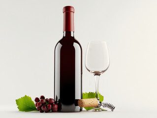 Red Wine Bottle, Glass, Grapes & Cork: A Still Life
