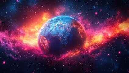 Fototapeta premium Abstract illustration of the Earth's magnetic field as a sphere with colorful rays and beams emanating from it, surrounded by stars in space. 