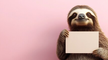 Fototapeta premium Grinning Sloth Holding Blank Sign Against Pastel Backdrop in 3D