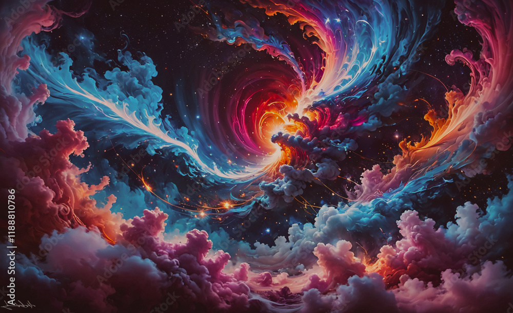 Poster colorful space scene with a red and blue swirl. the swirl is surrounded by clouds of different color