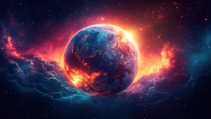 Obraz premium Abstract illustration of the Earth's magnetic field as a sphere with colorful rays and beams emanating from it, surrounded by stars in space. 