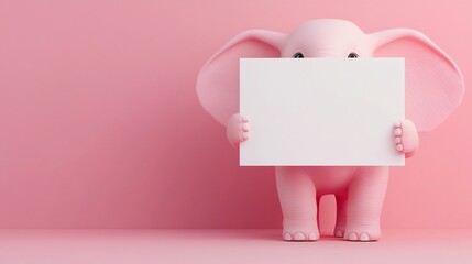 Obraz premium Adorable Baby Elephant Holding Blank Paper with Trunk Against Pastel Sunset Backdrop in 3D