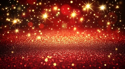 Sparkling golden glitter and lights on a blurred red background. Festive backdrop with copy space for Christmas, Chinese New Year, party, award. Magic holiday concept for design banner, greeting card