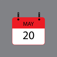 Calendar icon with date 20 of may on grey background. Vector schedule symbol.