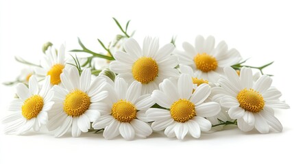 Obraz premium Close-up of a cluster of fresh chamomile flowers with green stems isolated on white background.