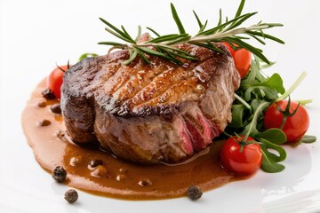 Juicy grilled beef steak, rosemary sprig, cherry tomatoes, peppercorns, sauce drizzle, high-detail food photography, white background, professional lighting, mouth-watering, gourmet cuisine, close-up 