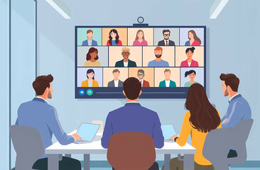 business meeting in conference room with video call, A team of people in an office collaborating with remote colleagues on a large video conference screen, in a vector style, virtual meeting