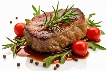 Juicy grilled beef steak, rosemary sprig, cherry tomatoes, peppercorns, sauce drizzle, high-detail food photography, white background, professional lighting, mouth-watering, gourmet cuisine, close-up 