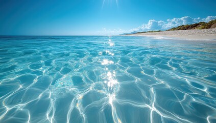 Fototapeta premium A clear, azure sea with ripples and patterns on the water's surface. The light reflects off of it, creating beautiful reflections in all directions. 