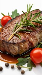 Juicy grilled beef steak, rosemary sprig, cherry tomatoes, peppercorns, sauce drizzle, high-detail food photography, white background, professional lighting, mouth-watering, gourmet cuisine, close-up 