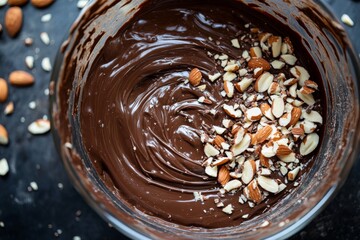 Rich chocolate spread in a bowl with sprinkled nuts on top