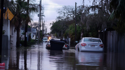 Flooded street with cars garbage floating on water after heavy rainfall, depicting urban disaster environmental impact. A scene of water damage, pollution, city infrastructure under crisis conditions