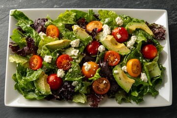 Fresh green salad with cherry tomatoes cucumbers and dressing on a plate