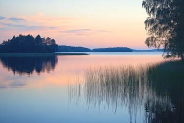 Serene lake view with surrounding forest reflected in calm water