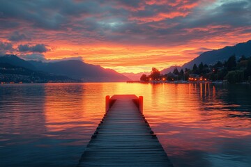 Obraz premium Colorful sunset reflecting over a tranquil lake with mountains