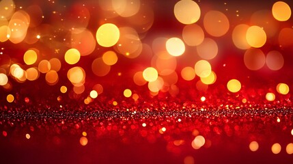 Sparkling golden glitter and lights on a blurred red background. Festive backdrop with copy space for Christmas, Chinese New Year, party, award. Magic holiday concept for design banner, greeting card