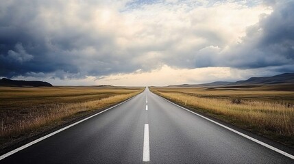 Naklejka premium Straight Road Leading into Distance, Open Fields on Both Sides, Cloudy Skies, Smooth Asphalt, Vastness, Freedom, Driving, Walking, Simplicity in Design, Clear Path to Goals, Endless Possibilities